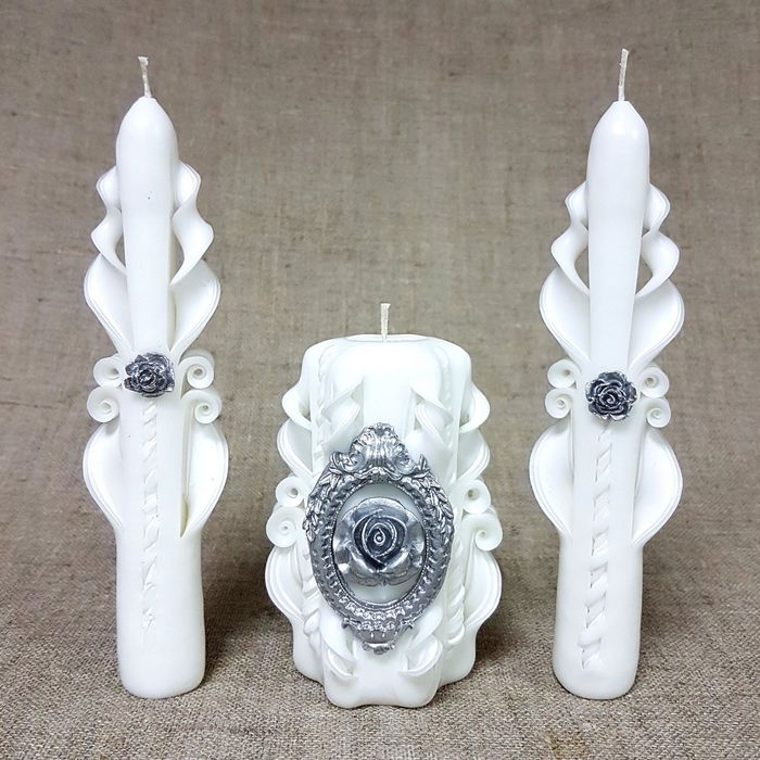 Набор Свадебных резных свечей " Серебряная роза" №1