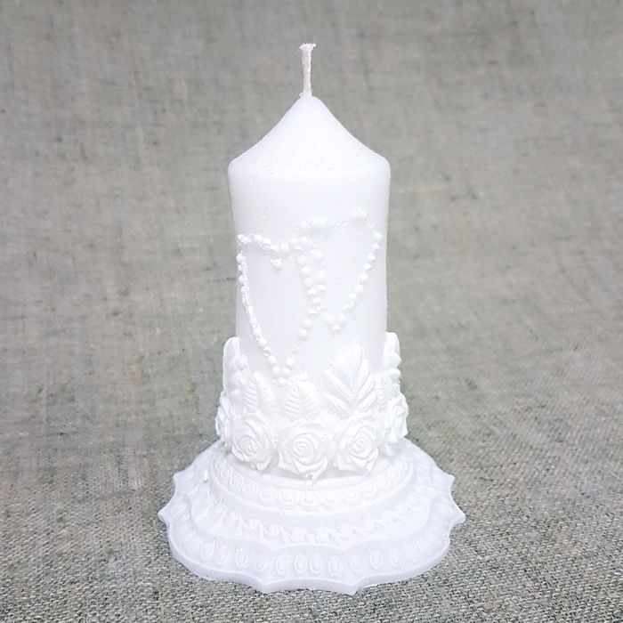 Свеча Свадебная Цилиндр с розами на подставке белый с блеском №2 10*13