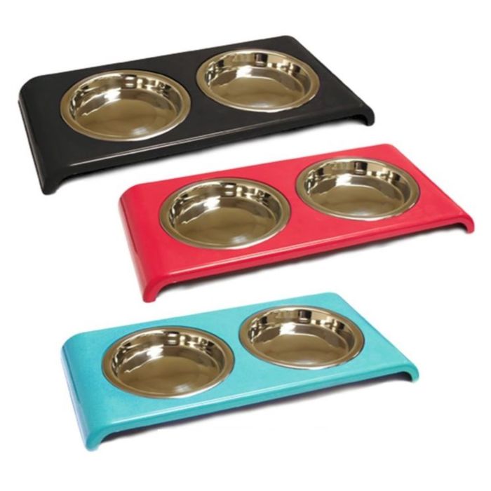 Подставка бирюзовая с 2-мя нерж.мисками (0,18 л, диам.12 см) 33х16х3 см