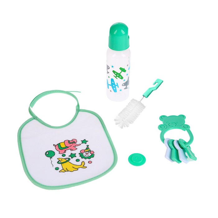 Набор детский, 4 предмета: бутылочка для кормления 250 мл, нагрудник, ёршик, погремушка, от 0 мес., цвета МИКС