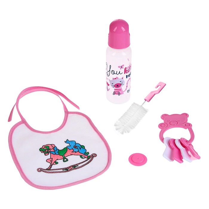 Набор детский, 4 предмета: бутылочка для кормления 250 мл, нагрудник, ёршик, погремушка, от 0 мес., цвета МИКС