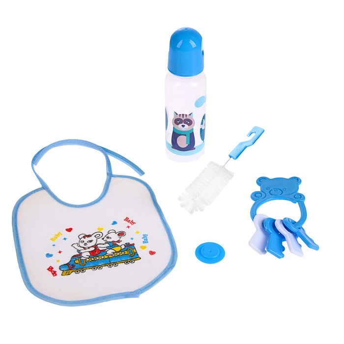 Набор детский, 4 предмета: бутылочка для кормления 250 мл, нагрудник, ёршик, погремушка, от 0 мес., цвета МИКС