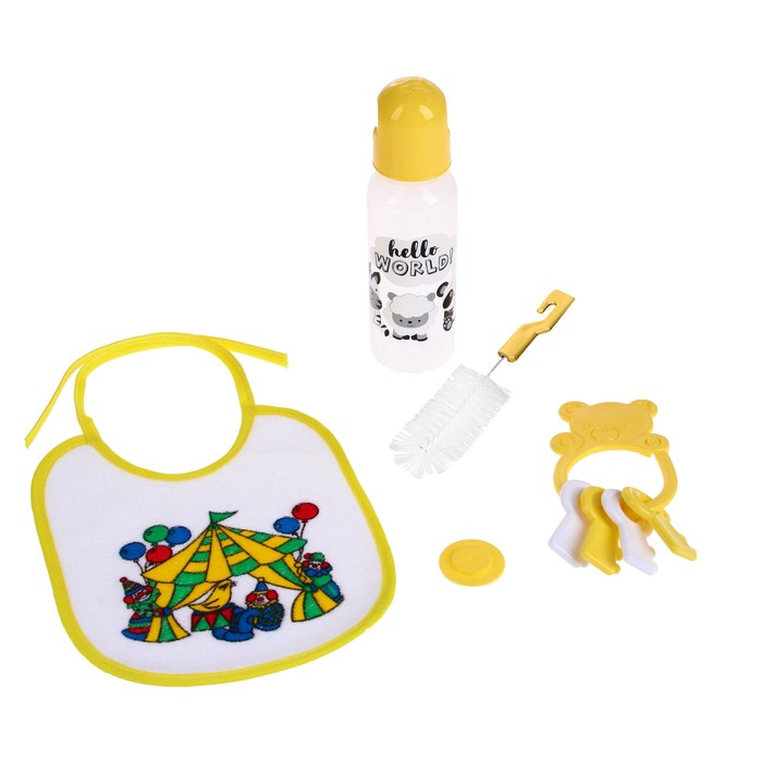 Набор детский, 4 предмета: бутылочка для кормления 250 мл, нагрудник, ёршик, погремушка, от 0 мес., цвета МИКС