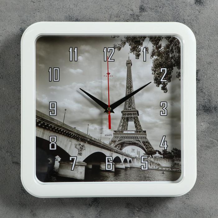 фото Часы настенные квадратные "эйфелева башня", 30х30 см рубин