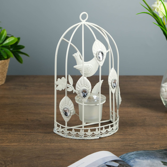 Подсвечник настенный металл 1 свеча "Клетка с птицей с павлиньим глазом" 22,5х12,5х7,5 см