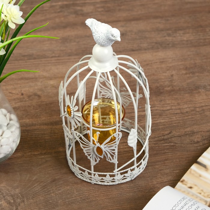 Подсвечник металл 1 свеча "Клетка с птицей. Бабочки и цветы" 25х12х12 см