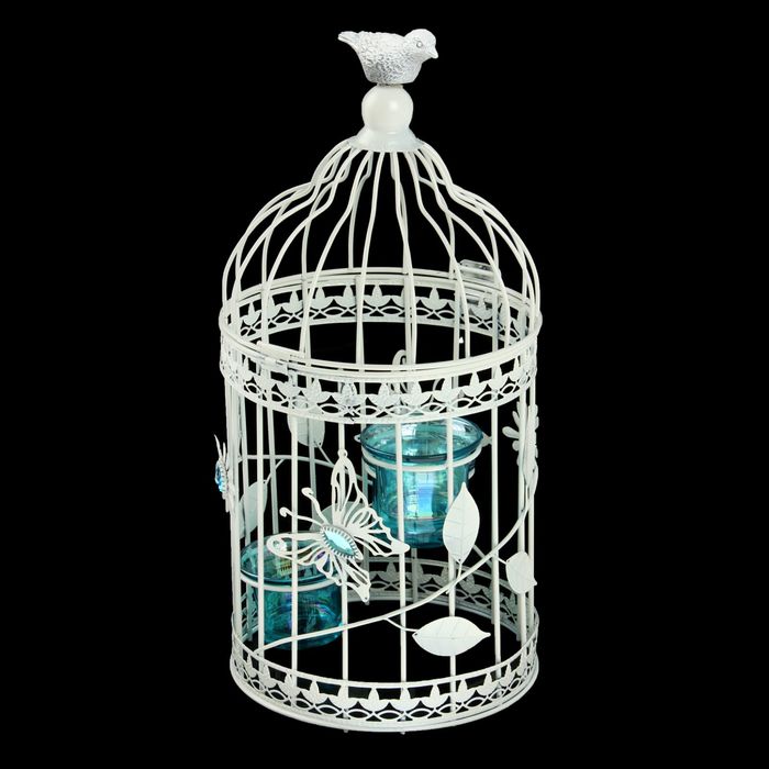 Подсвечник металл 3 свечи "Клетка с птицей и бабочкой" 36х16х16 см