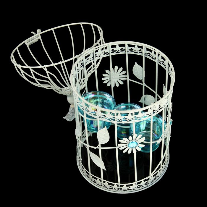 Подсвечник металл 3 свечи "Клетка с птицей и бабочкой" 36х16х16 см