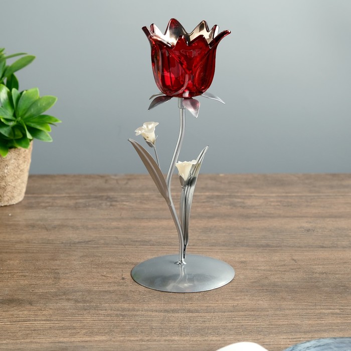 Подсвечник металл 1 свеча "Бутон красный" 26х10х10 см