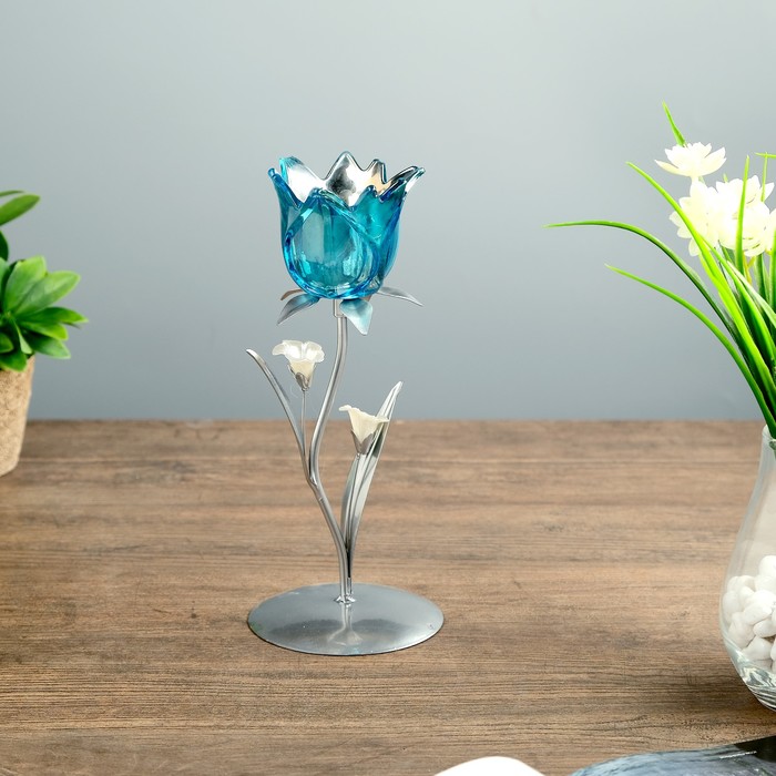Подсвечник металл 1 свеча "Бутон голубой" 26х10х10 см