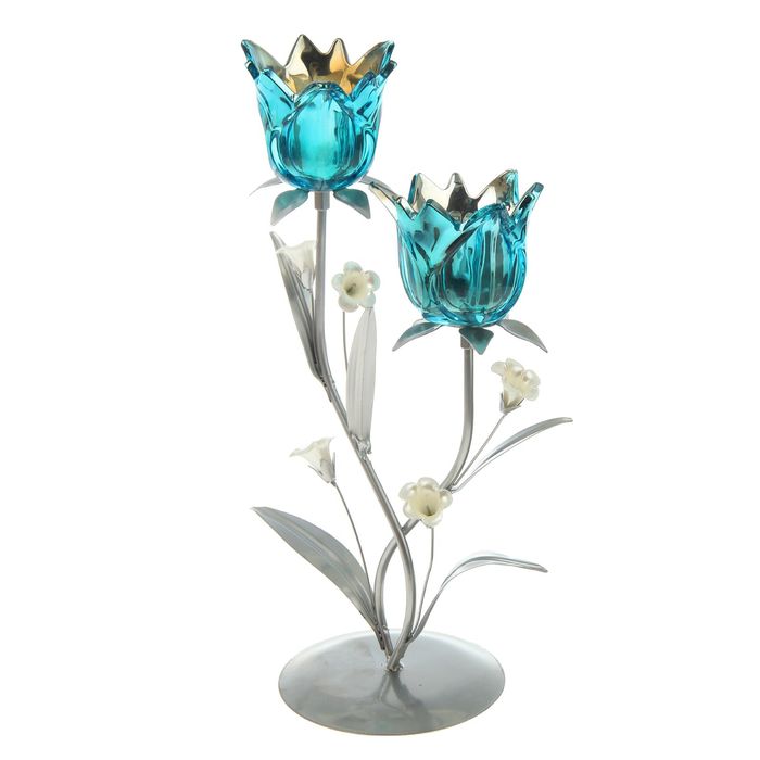 Подсвечник металл 2 свечи "Бутоны голубые" 32х21х11,5 см
