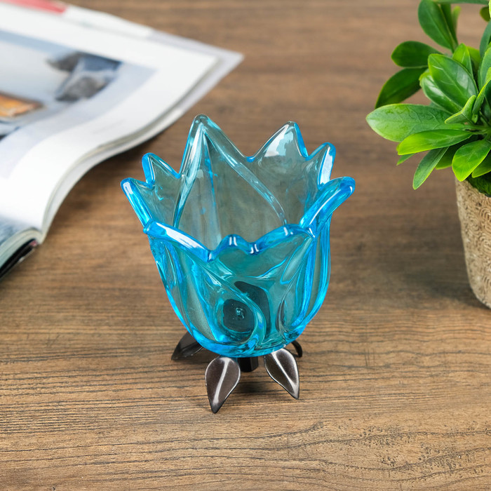 Подсвечник стекло 1 свеча "Бутон голубой" 11х10,5х10,5 см