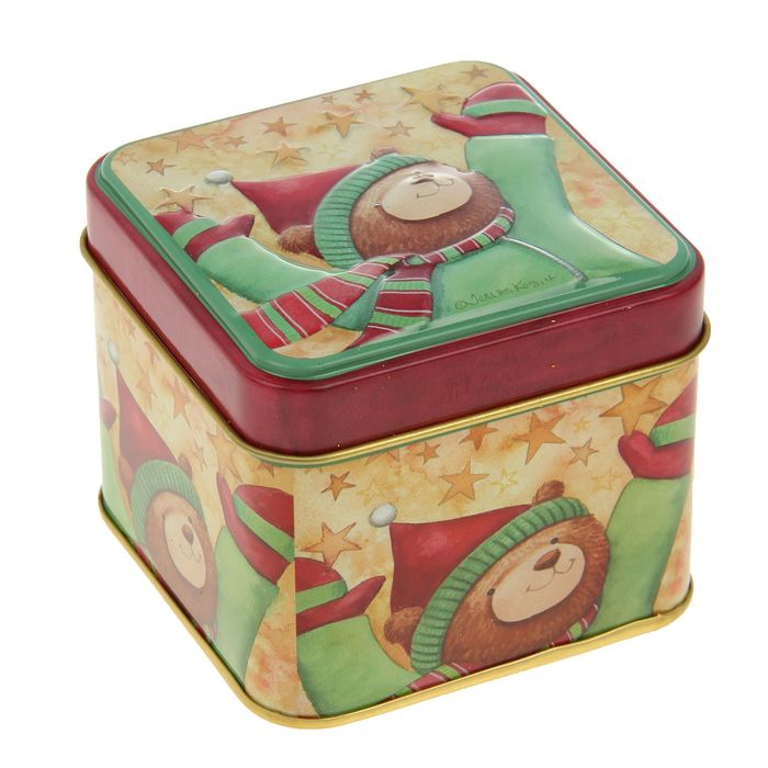 Шкатулка металл новогодняя квадрат "Радостный мишка" 6,5х7,5х7,5 см
