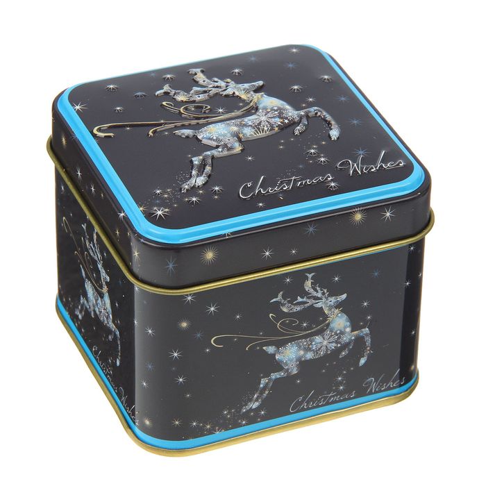 Шкатулка металл новогодняя квадрат "Олень на ночном небе" 6,5х7,5х7,5 см