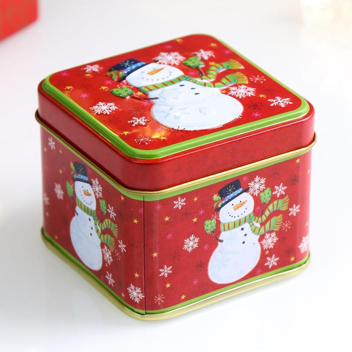 Шкатулка металл новогодняя квадрат "Весёлый снеговик" 6,5х7,5х7,5 см