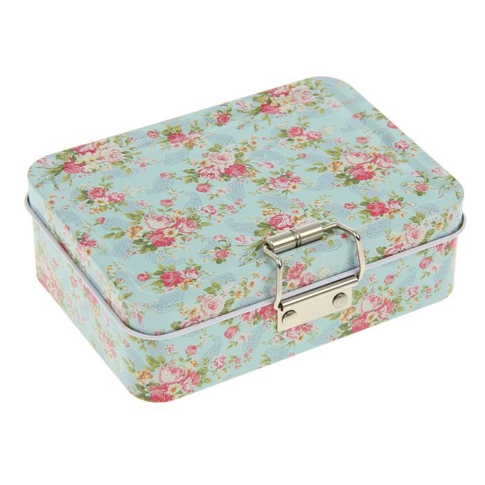 Шкатулка металл с ящичком "Мелкие цветочки на зелёно-голубом" 4х12,5х9 см