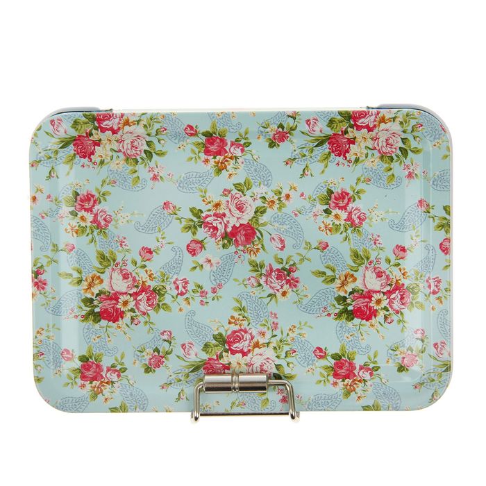 Шкатулка металл с ящичком "Мелкие цветочки на зелёно-голубом" 4х12,5х9 см
