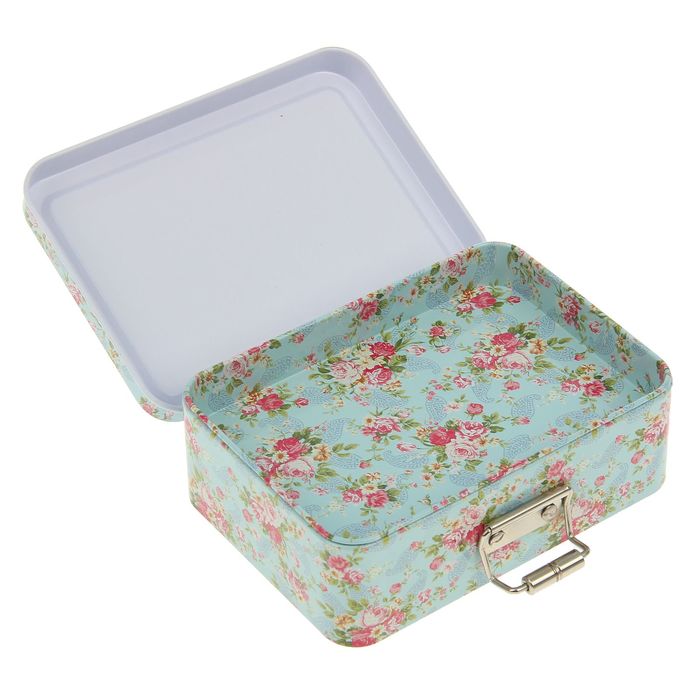 Шкатулка металл с ящичком "Мелкие цветочки на зелёно-голубом" 4х12,5х9 см