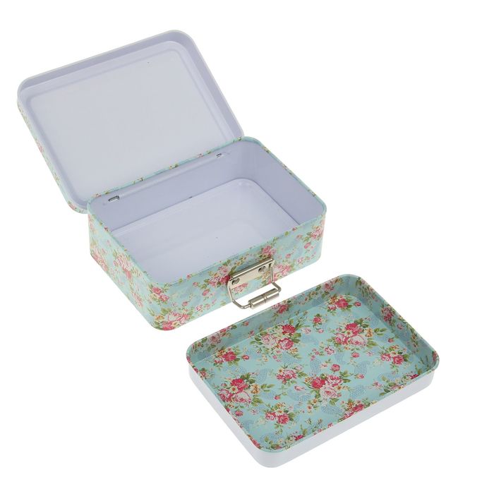 Шкатулка металл с ящичком "Мелкие цветочки на зелёно-голубом" 4х12,5х9 см