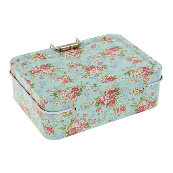 Шкатулка металл с ящичком "Мелкие цветочки на зелёно-голубом" 4х12,5х9 см