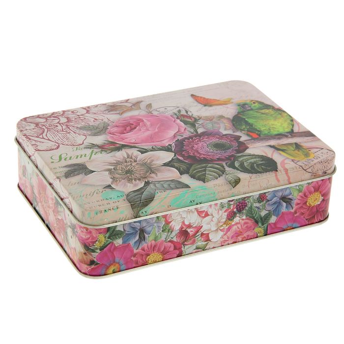 Шкатулка металл "Попугай на ветке с цветами" 5х17,5х13 см