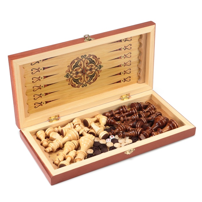 Настольная игра 3 в 1 "Гжель": шахматы, нарды, шашки (доска дерево 40х40 см)