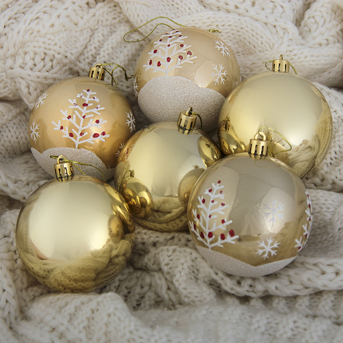 Новогодние шары "Зимнее деревце" (набор 6 шт.), золотые