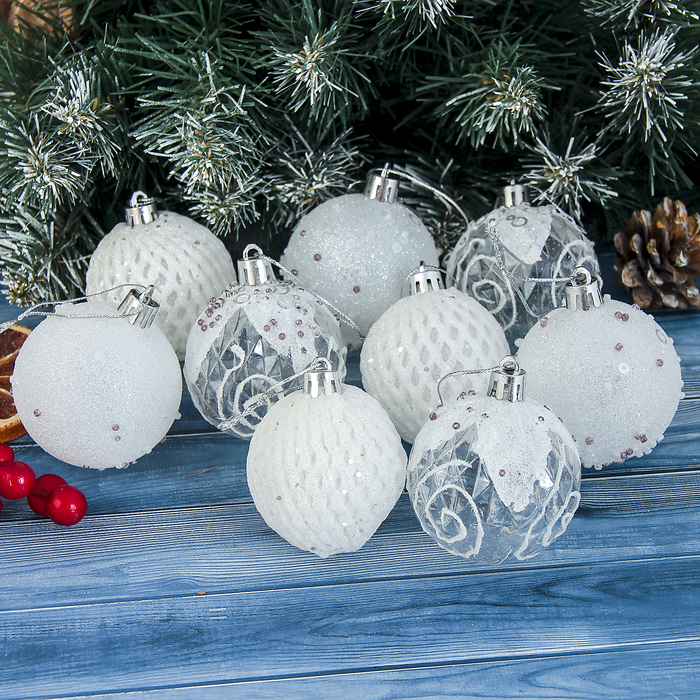 Новогодние шары "Изморозь" (набор 9 шт.), белый снег