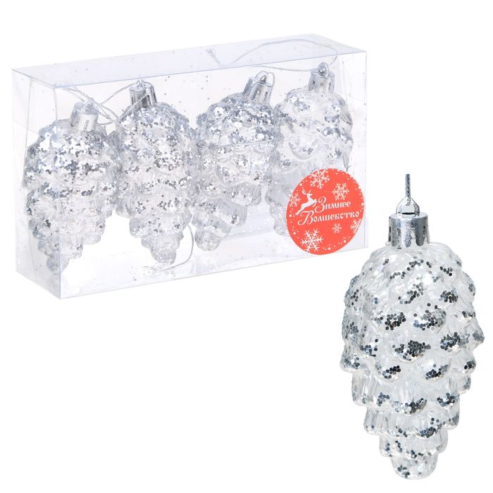 Набор украшений пластик 7 см 4 шт "Изморозь" шишка