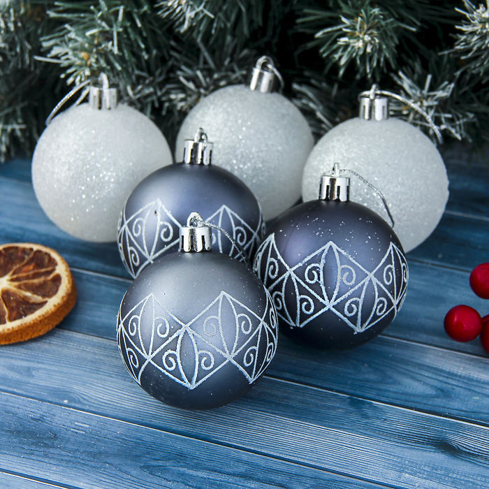 Набор шаров пластик d-6 см 6 шт "Металлик" рисунок