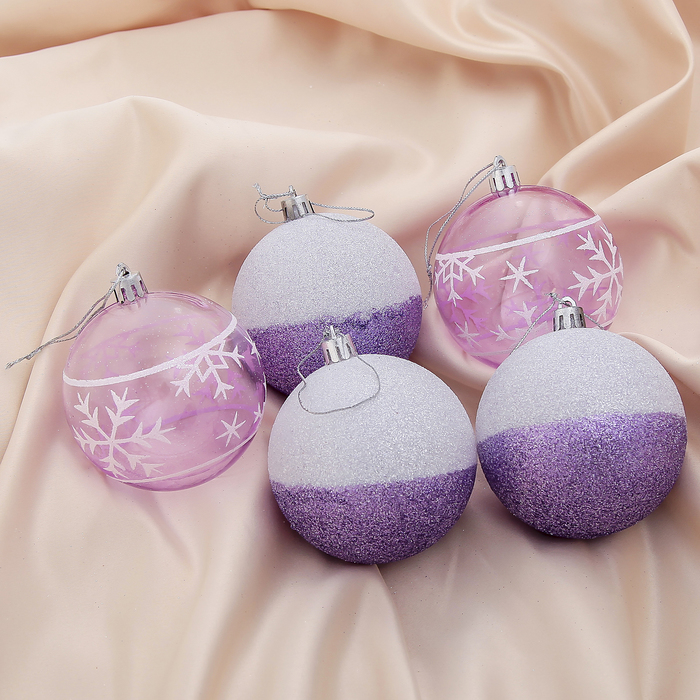 Набор шаров пластик d-8 см 5 шт "Маджента" снежинка