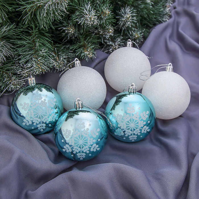 Набор шаров пластик d-8 см 6 шт "Небесный" снежинка