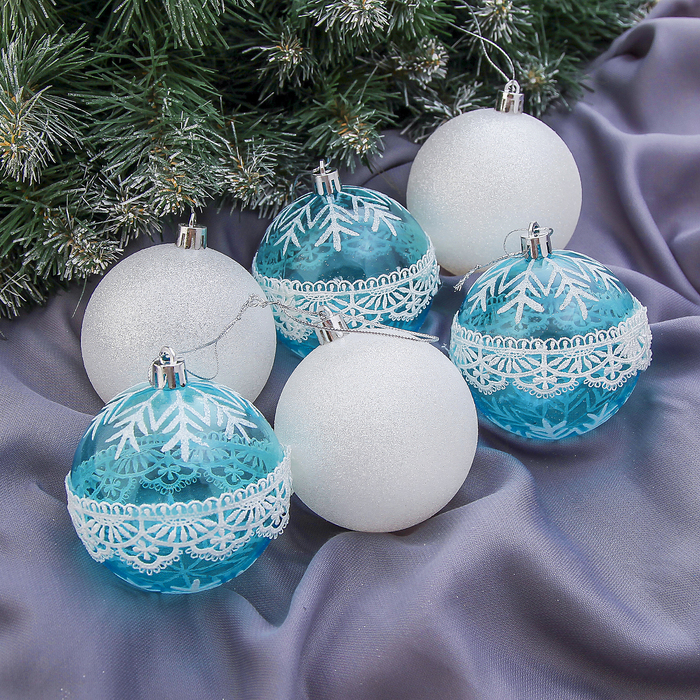 Набор шаров пластик d-8 см 6 шт "Небесный" кружевные снежинки