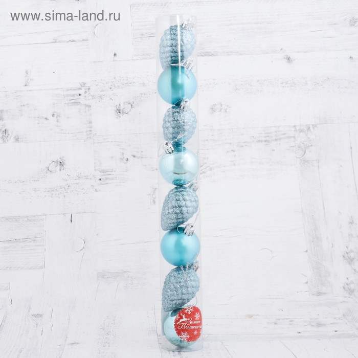 фото Набор украшений пластик 8 шт "небесный" (4 шара d-5 см, 4 шишки) голубой зимнее волшебство