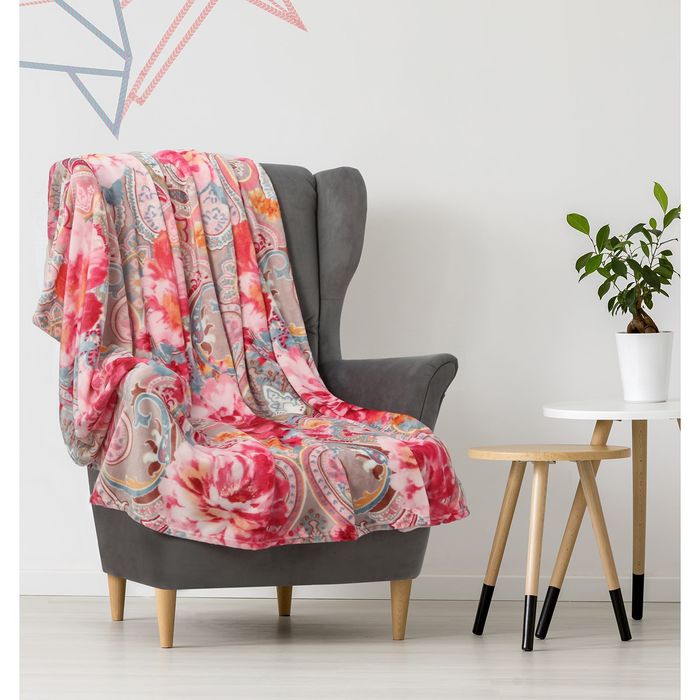 Плед "Этель корал" 2 сп. Пионы 180х200 см, 100% п/э, корал-флис, двухсторонний 210 гр/м²