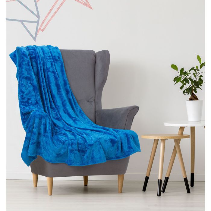 Плед "Этель корал" 2 сп. Дамаск, с лазерной гравировкой 180х200 см, кобальт, 100% п/э, корал-флис 280 гр/м2