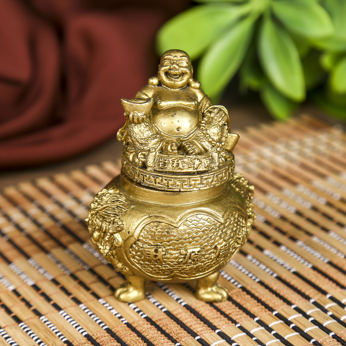 Нэцке шкатулка полистоун под бронзу "Хотей" 8,5х6х6 см