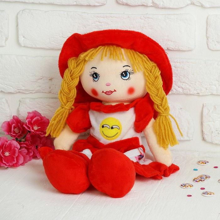 Мягкая игрушка кукла "Девочка" косички, смайл на платье, цвета МИКС