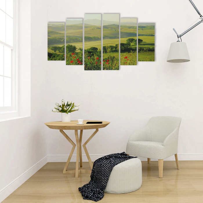 Модульная картина на подрамнике "Зелёные горы", 2 — 25×57,5, 2 — 25×74,5, 2 — 25×84,5, 150×84,5 см