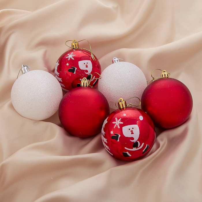 Новогодние шары "Гранд" (набор 6 шт.), Дед Мороз, красные и белые