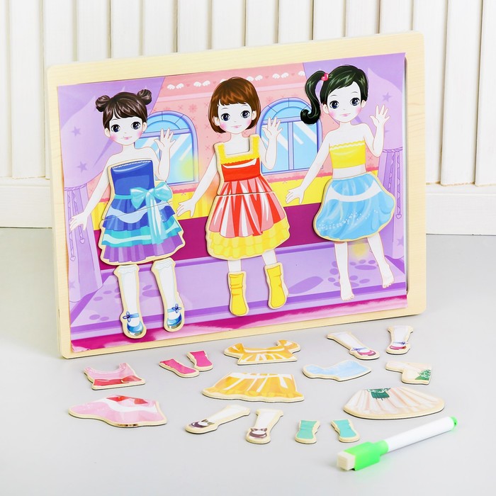 Конструктор магнитный "Одень принцессу", в комплекте маркер ,цветная подложка