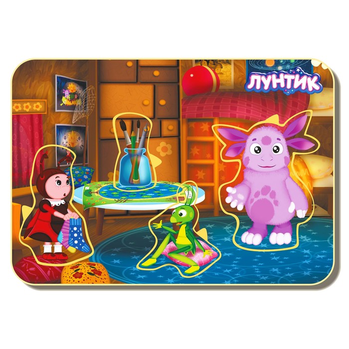 Рамка-вкладыш деревянная маленькая "Лунтик", у Милы в гостях