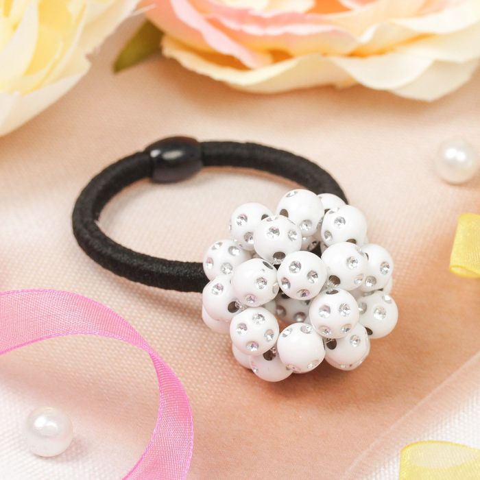 Резинка для волос "Жемчужный шарик", белый, стразы
