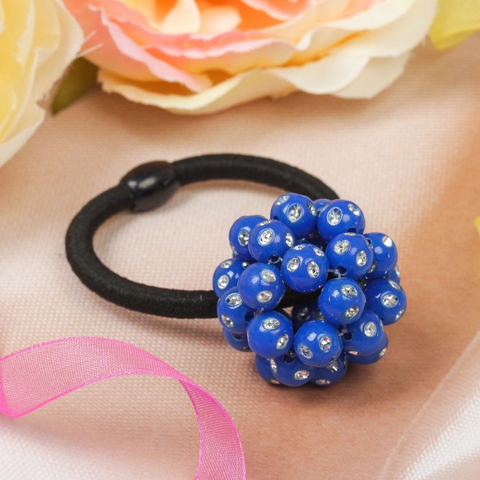 Резинка для волос "Жемчужный шарик", синий, стразы