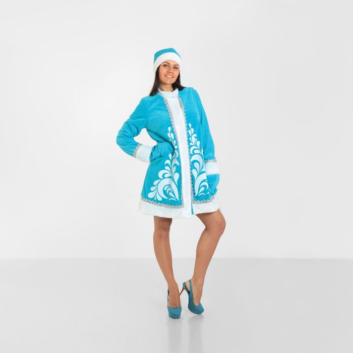 Карнавальный костюм "Стильная Снегурочка", шуба с узором, шапка, варежки, р-р 50