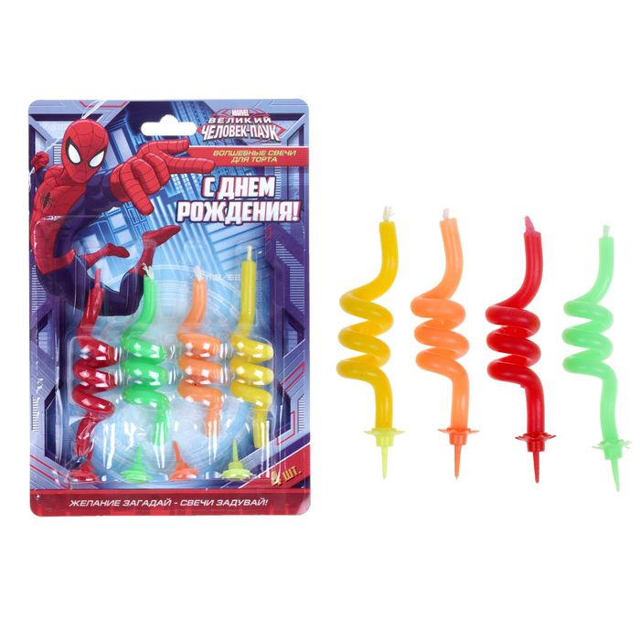 Свеча в торт," С днем рождения", Человек Паук, полоска, 4 шт