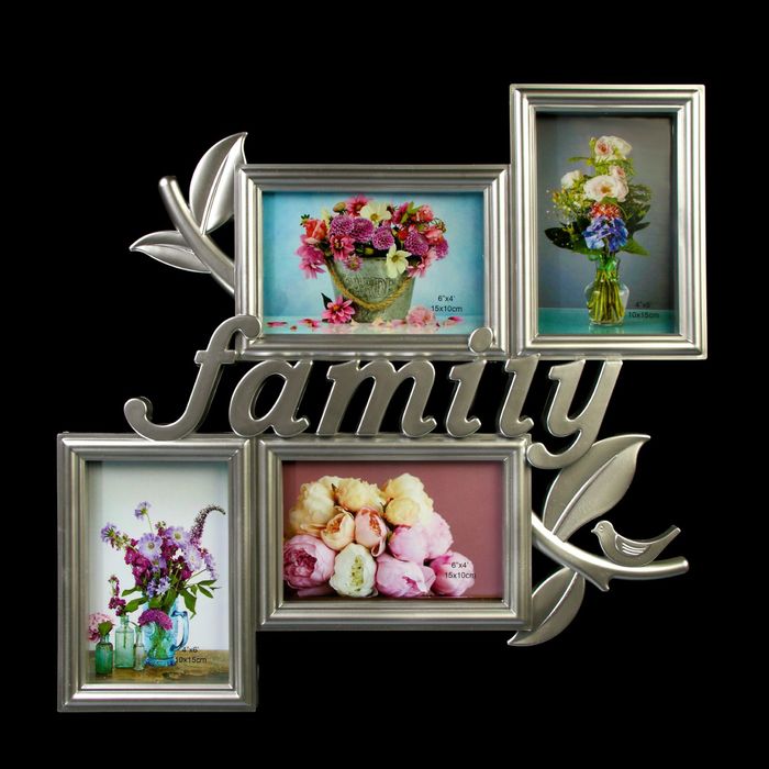 Фоторамка пластик на 4 фото 10х15 см "Семейная идиллия", серебро 40х40 см