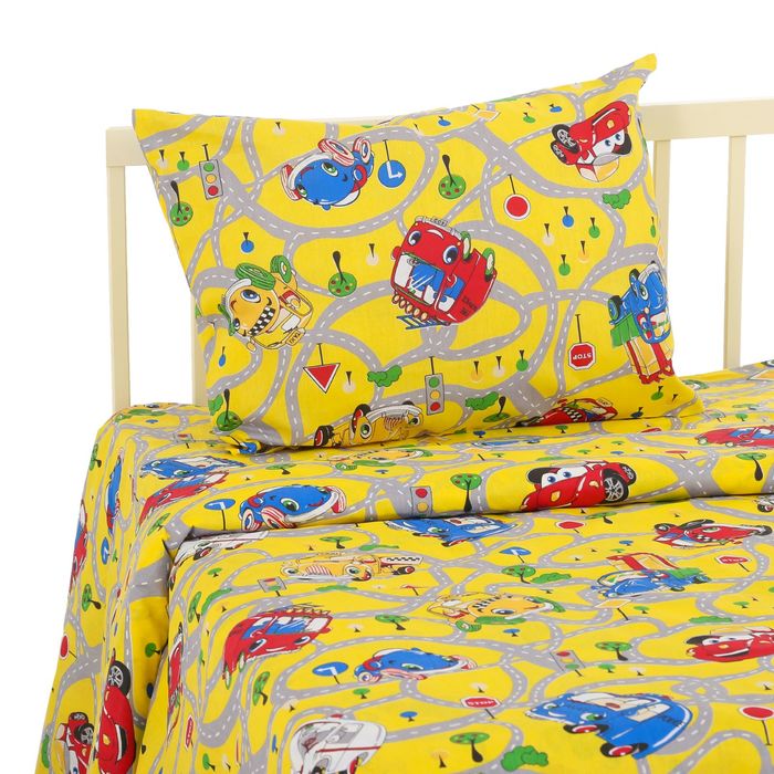 Постельное бельё "Экономь и Я" 1,5 сп. Жёлтые Машинки 145х210 ± 5 см, 150х210 ± 5 см, 50х70 ± 5 см, бязь 120 гр/м²