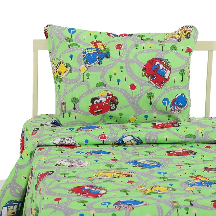 Постельное бельё "Экономь и Я" 1,5 сп. Зелёные Машинки 145х210 ± 5 см, 150х210 ± 5 см, 50х70 ± 5 см, бязь 120 гр/м²