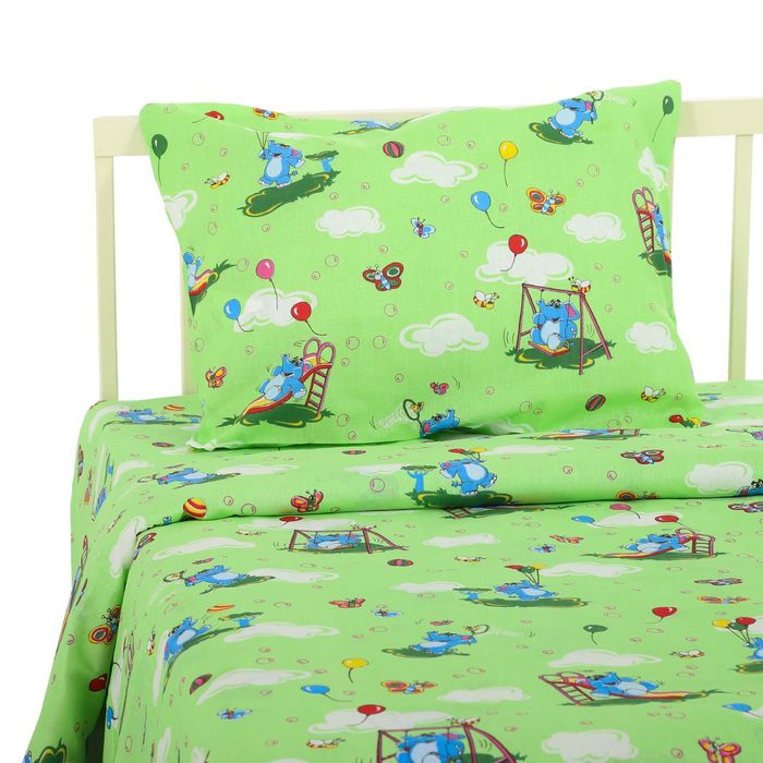 Постельное бельё "Экономь и Я" 1,5 сп. Зелёные Слоники 145х210 ± 5 см, 150х210 ± 5 см, 50х70 ± 5 см, бязь 120 гр/м²